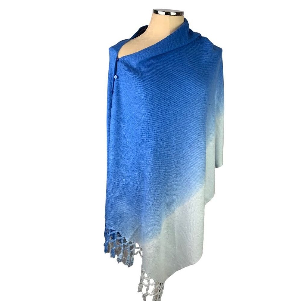 One Size Marvelush for Layers by Lizden Blue Ombre Fringed Poncho Button Up